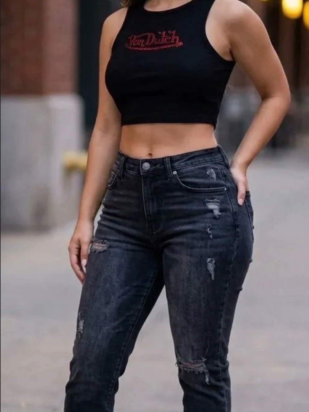 Von Dutch bedazzled cropped tank top